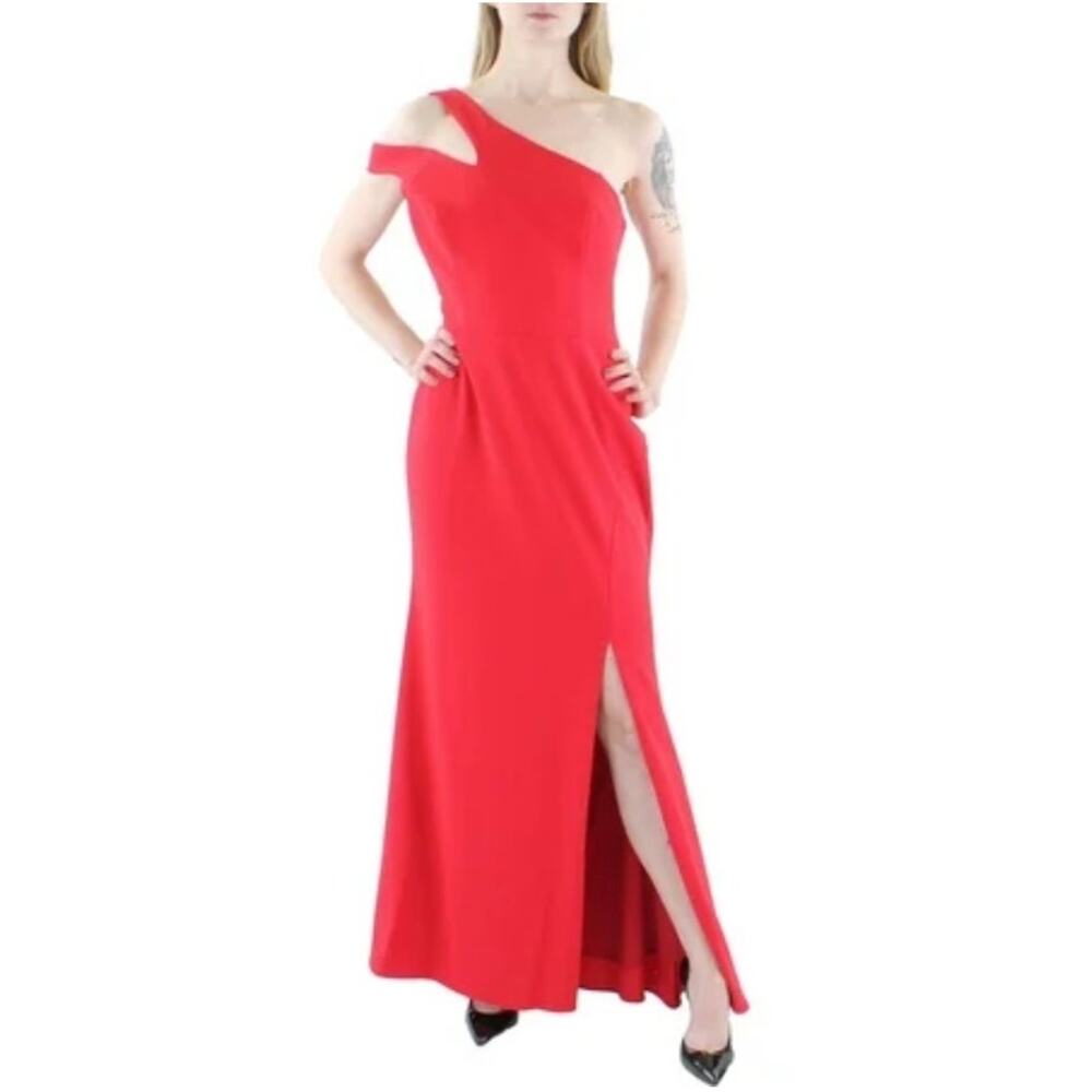 XSCAPE Red One Shoulder Cut Out A-Line Evening Gown Size 14P Formal Dress